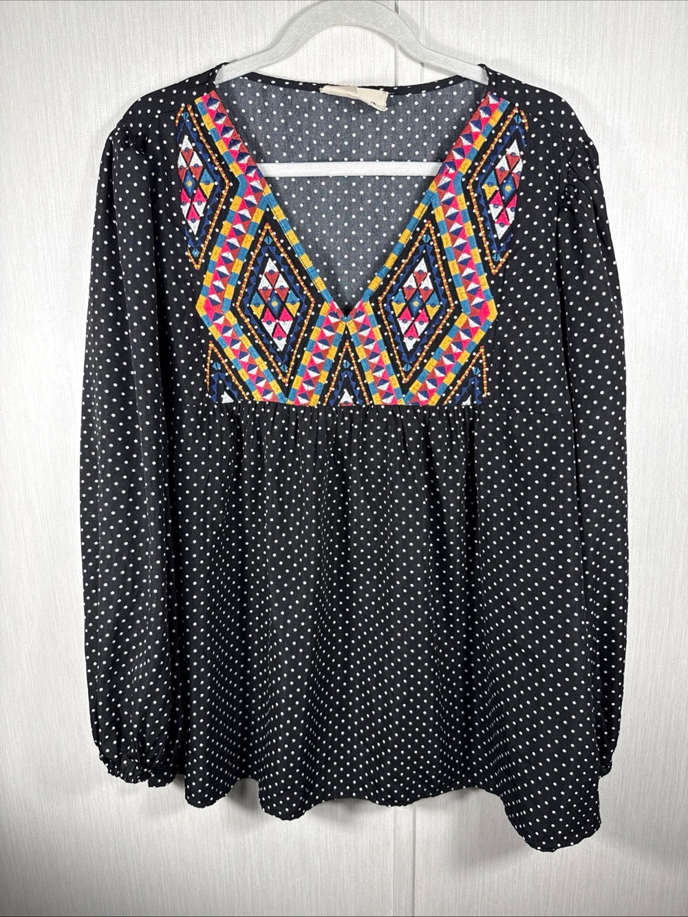 Savanna Jane Black Polka Dot Tunic with Colorful Embroidered V-Neck